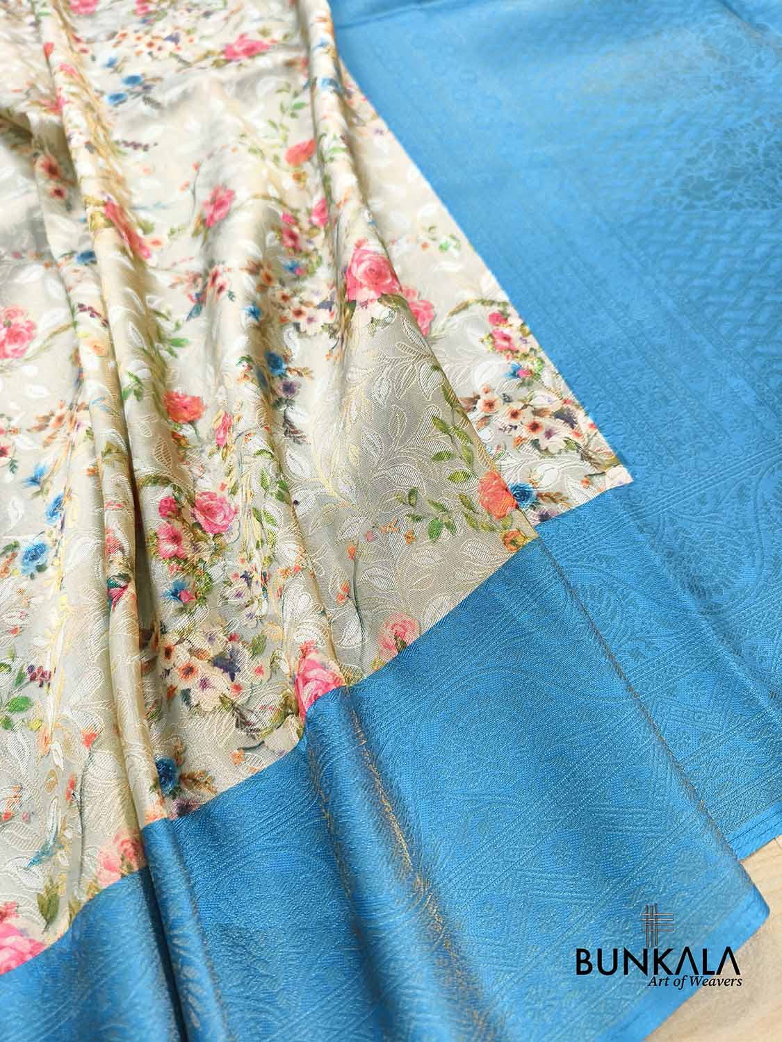 Blue Digital Floral Printed Tanchui Banarasi Silk Saree
