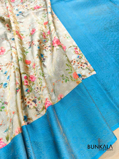 Blue Digital Floral Printed Tanchui Banarasi Silk Saree