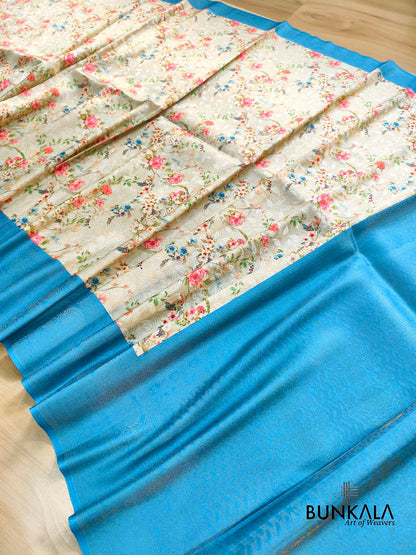 Blue Digital Floral Printed Tanchui Banarasi Silk Saree