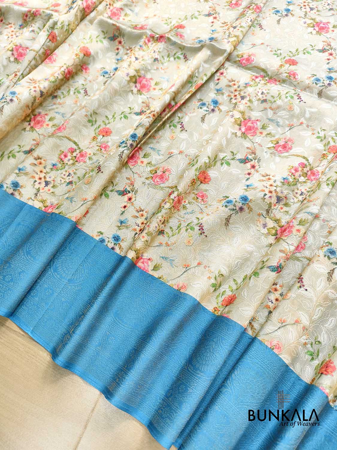 Blue Digital Floral Printed Tanchui Banarasi Silk Saree