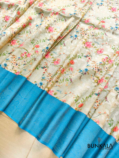 Blue Digital Floral Printed Tanchui Banarasi Silk Saree