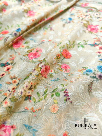 Blue Digital Floral Printed Tanchui Banarasi Silk Saree