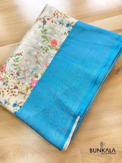 Blue Digital Floral Printed Tanchui Banarasi Silk Saree