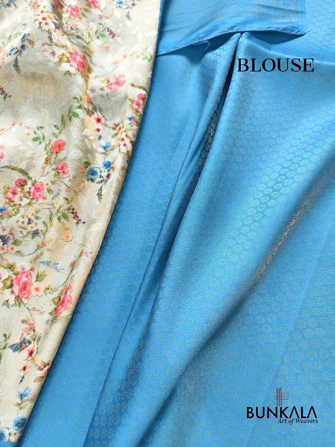 Blue Digital Floral Printed Tanchui Banarasi Silk Saree