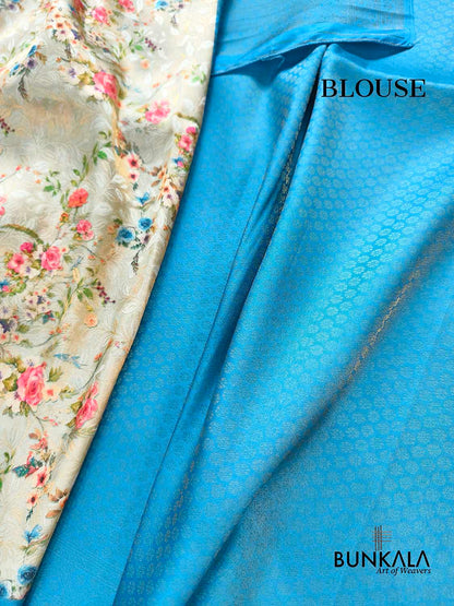 Blue Digital Floral Printed Tanchui Banarasi Silk Saree