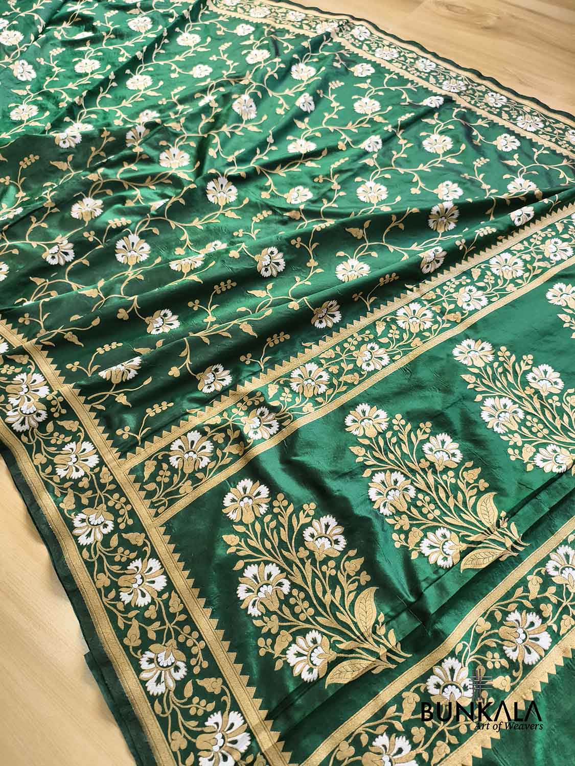 Bottle Green Sona Rupa Floral Motif Jaal Handloom Banarasi Pure Katan Silk Saree