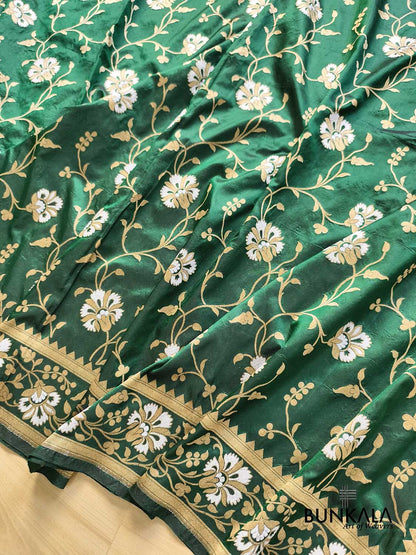 Bottle Green Sona Rupa Floral Motif Jaal Handloom Banarasi Pure Katan Silk Saree