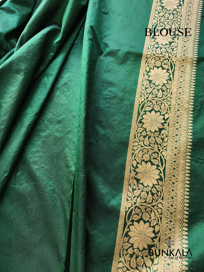 Bottle Green Sona Rupa Floral Motif Jaal Handloom Banarasi Pure Katan Silk Saree