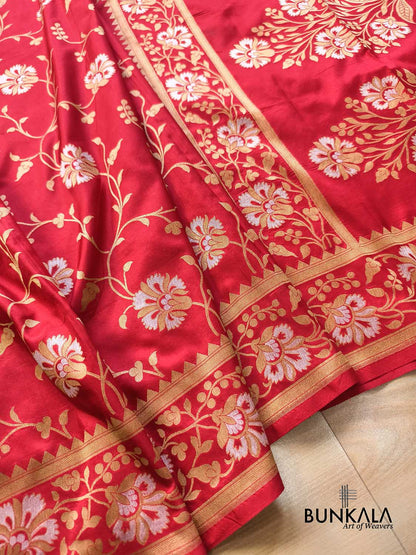 Bridal Red Sona Rupa Floral Motif Jaal Handloom Banarasi Pure Katan Silk Saree 
