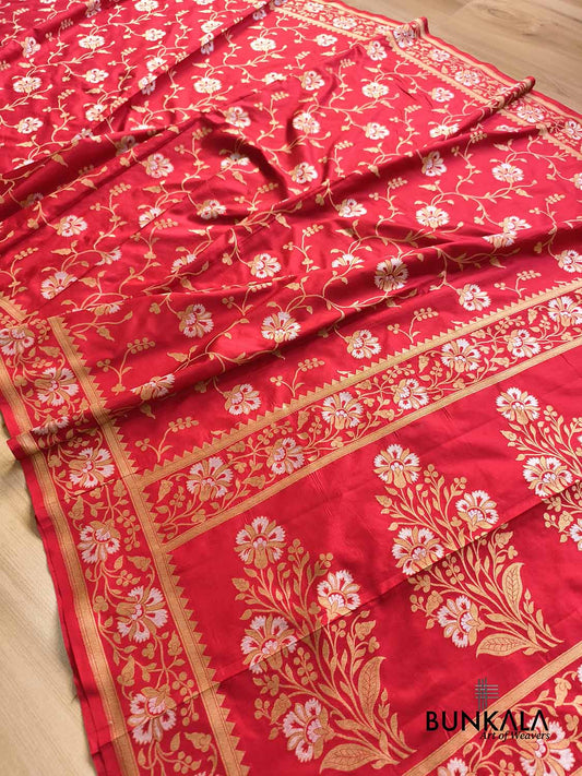 Bridal Red Sona Rupa Floral Motif Jaal Handloom Banarasi Pure Katan Silk Saree 