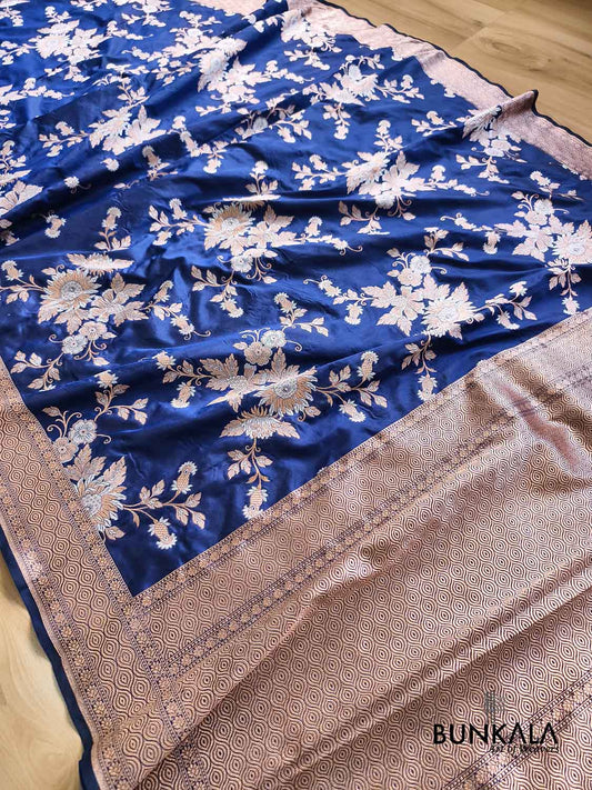 Royal Blue Sona Rupa Big Floral Bunch Motif Jaal Handloom Banarasi Pure Katan Silk Saree