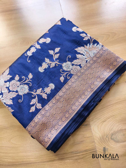 Royal Blue Sona Rupa Big Floral Bunch Motif Jaal Handloom Banarasi Pure Katan Silk Saree