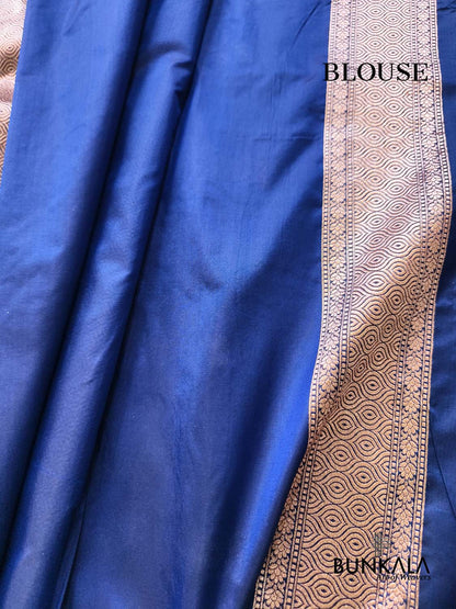 Royal Blue Sona Rupa Big Floral Bunch Motif Jaal Handloom Banarasi Pure Katan Silk Saree