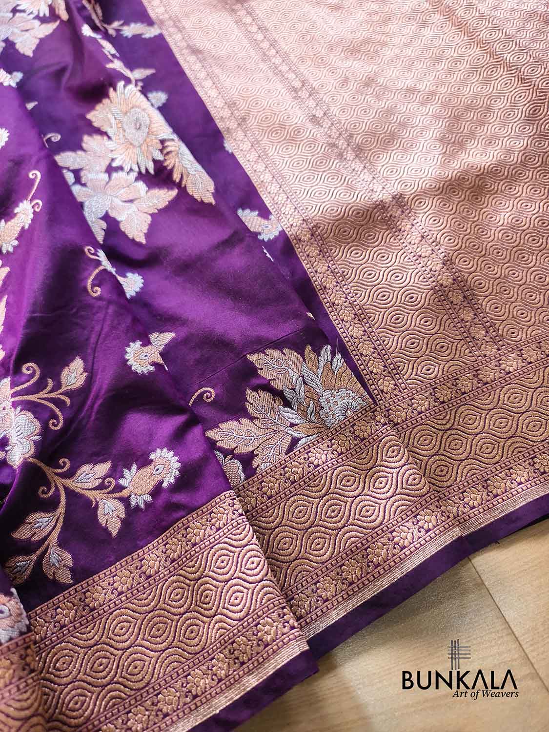 Deep Purple Sona Rupa Big Floral Bunches Motif Jaal Handloom Banarasi Pure Katan Silk Saree