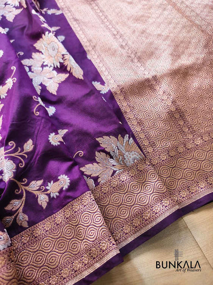 Deep Purple Sona Rupa Big Floral Bunches Motif Jaal Handloom Banarasi Pure Katan Silk Saree