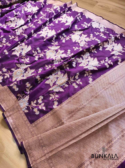 Deep Purple Sona Rupa Big Floral Bunches Motif Jaal Handloom Banarasi Pure Katan Silk Saree