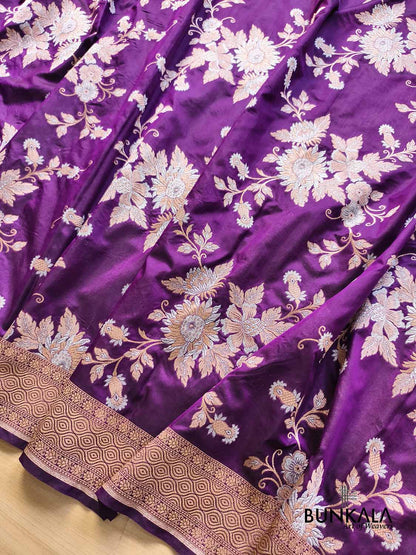 Deep Purple Sona Rupa Big Floral Bunches Motif Jaal Handloom Banarasi Pure Katan Silk Saree