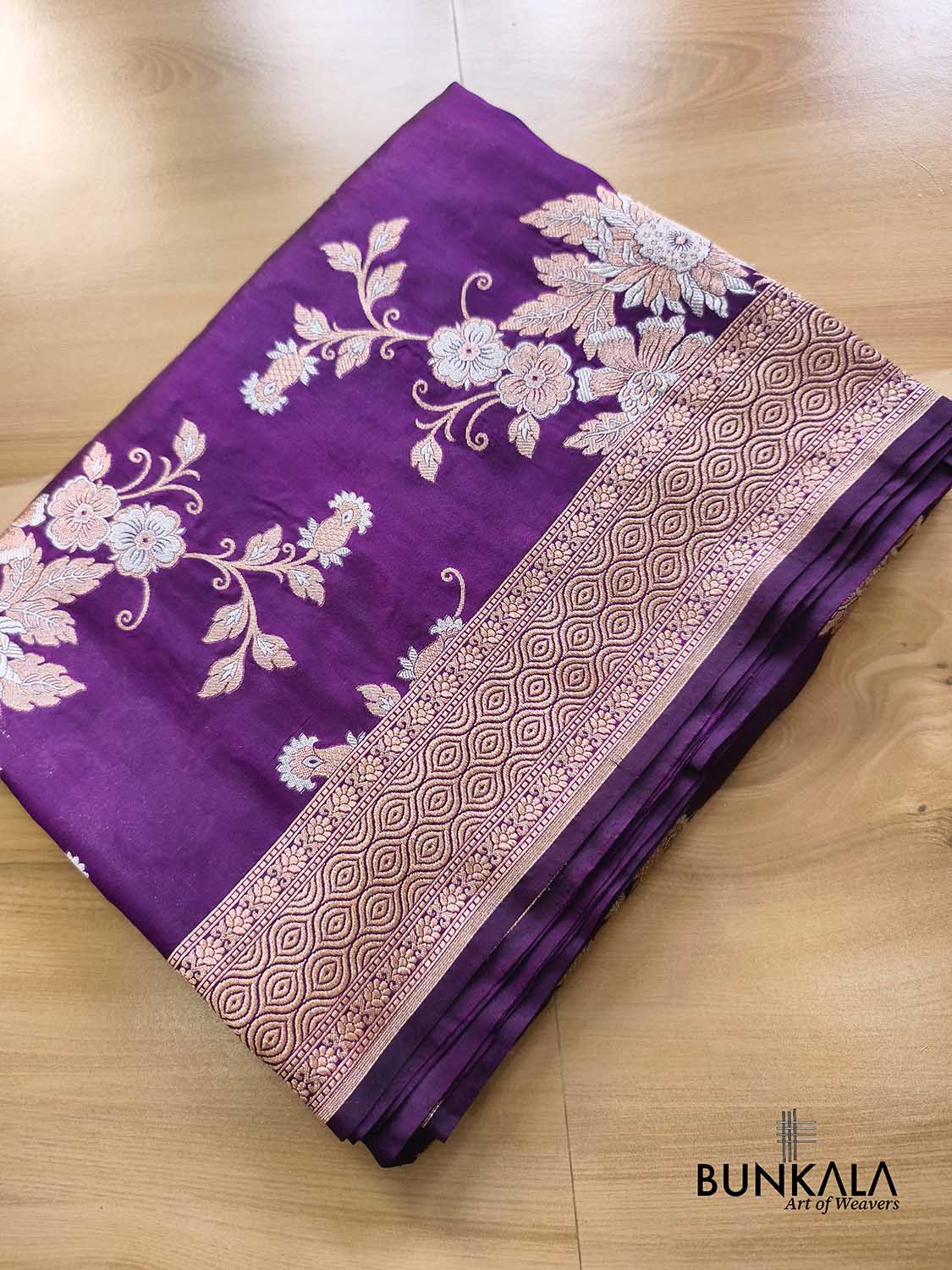 Deep Purple Sona Rupa Big Floral Bunches Motif Jaal Handloom Banarasi Pure Katan Silk Saree