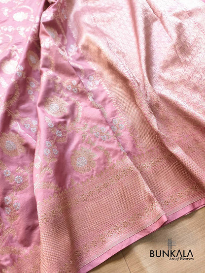 Baby Dusty Pink Gold & Silver Floral Jaal All Over Handloom Banarasi Pure Katan Silk Saree