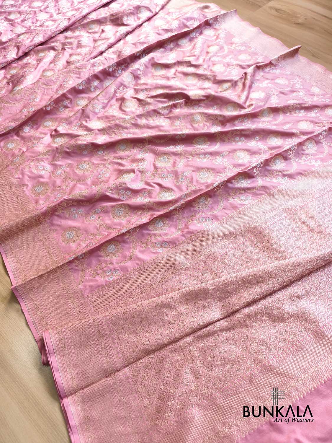 Baby Dusty Pink Gold & Silver Floral Jaal All Over Handloom Banarasi Pure Katan Silk Saree