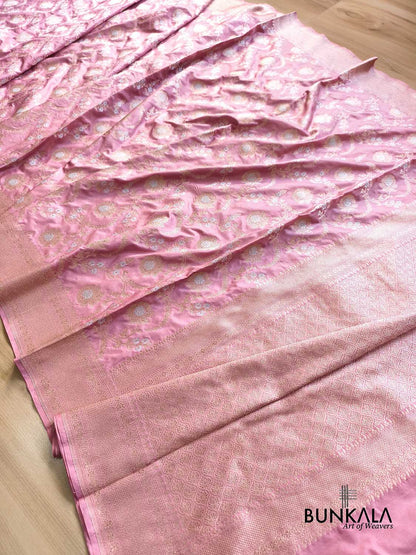 Baby Dusty Pink Gold & Silver Floral Jaal All Over Handloom Banarasi Pure Katan Silk Saree