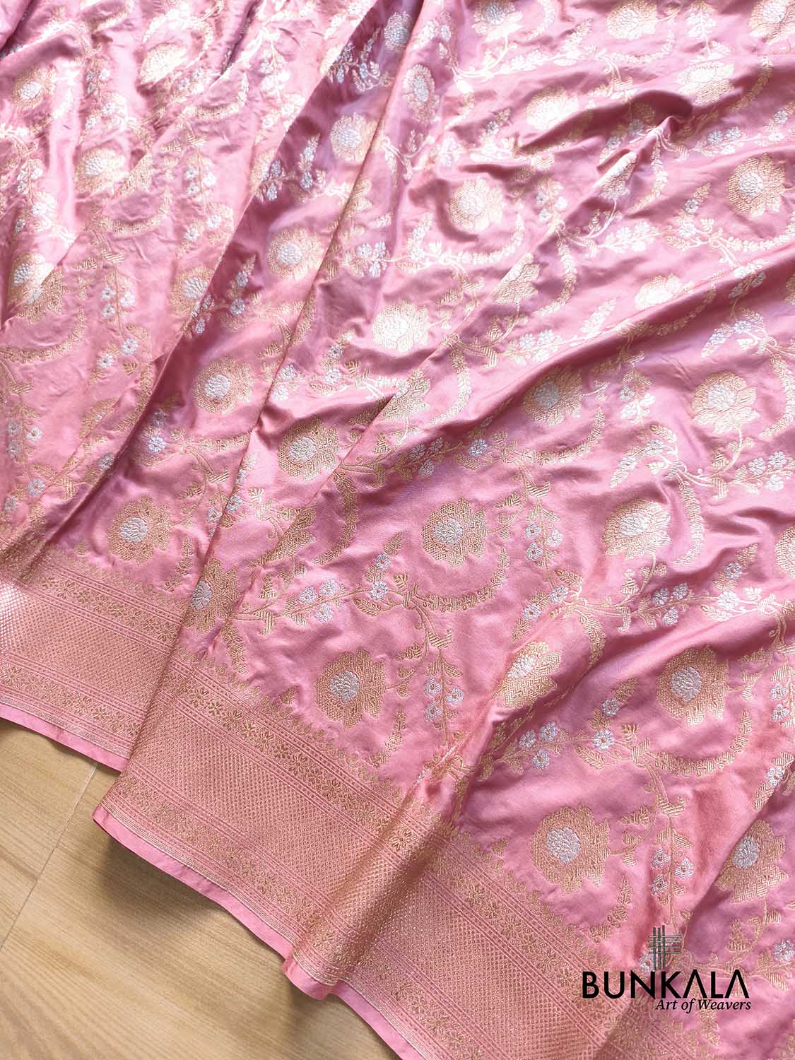 Baby Dusty Pink Gold & Silver Floral Jaal All Over Handloom Banarasi Pure Katan Silk Saree