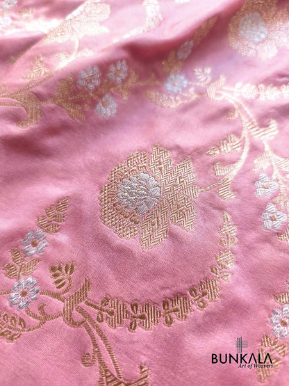 Baby Dusty Pink Gold & Silver Floral Jaal All Over Handloom Banarasi Pure Katan Silk Saree