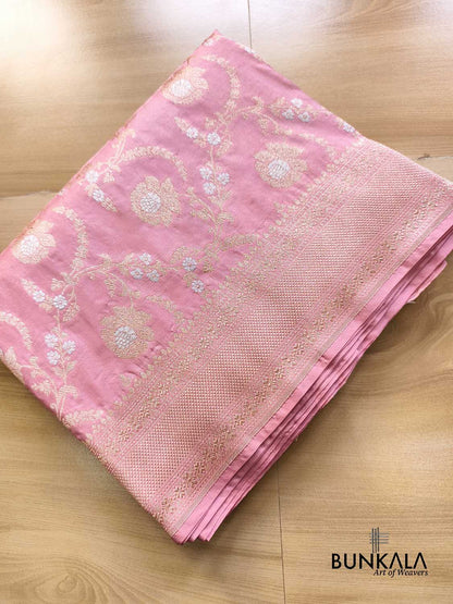 Baby Dusty Pink Gold & Silver Floral Jaal All Over Handloom Banarasi Pure Katan Silk Saree