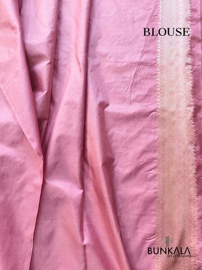 Baby Dusty Pink Gold & Silver Floral Jaal All Over Handloom Banarasi Pure Katan Silk Saree