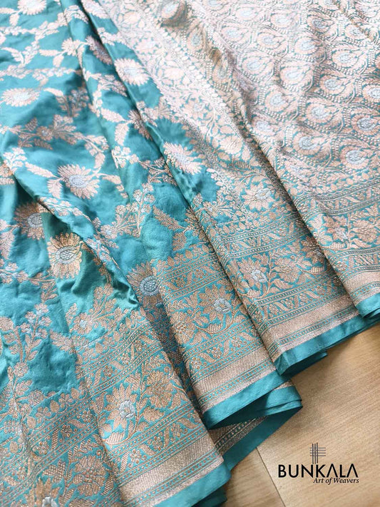 Sea Blue Gold & Silver Floral Jaal Handloom Banarasi Pure Katan Silk Saree