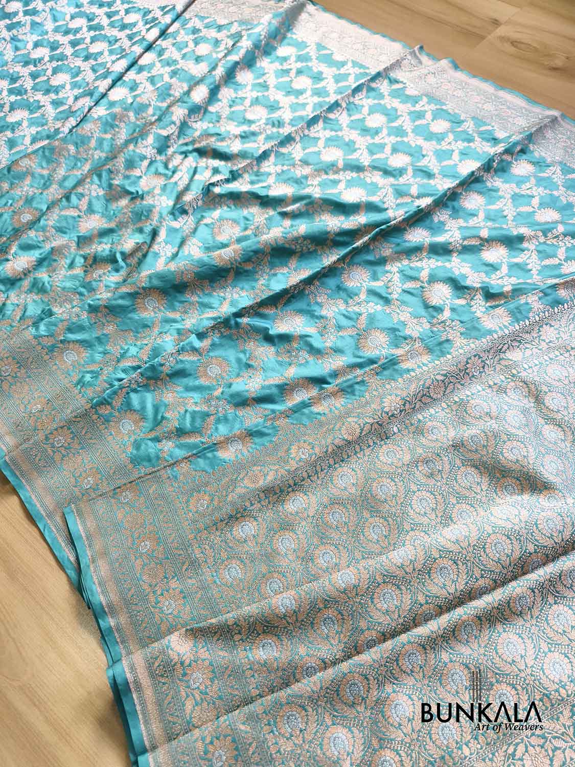 Sea Blue Gold & Silver Floral Jaal Handloom Banarasi Pure Katan Silk Saree