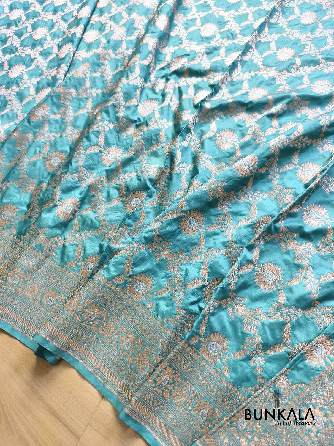 Sea Blue Gold & Silver Floral Jaal Handloom Banarasi Pure Katan Silk Saree