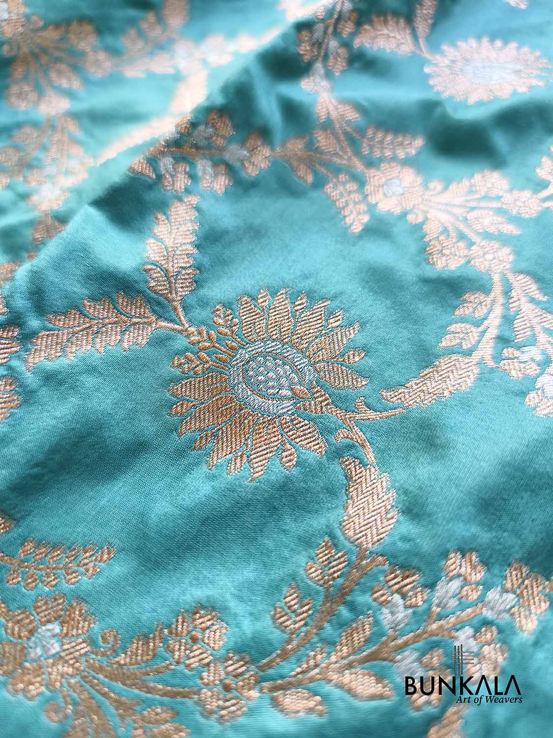 Sea Blue Gold & Silver Floral Jaal Handloom Banarasi Pure Katan Silk Saree