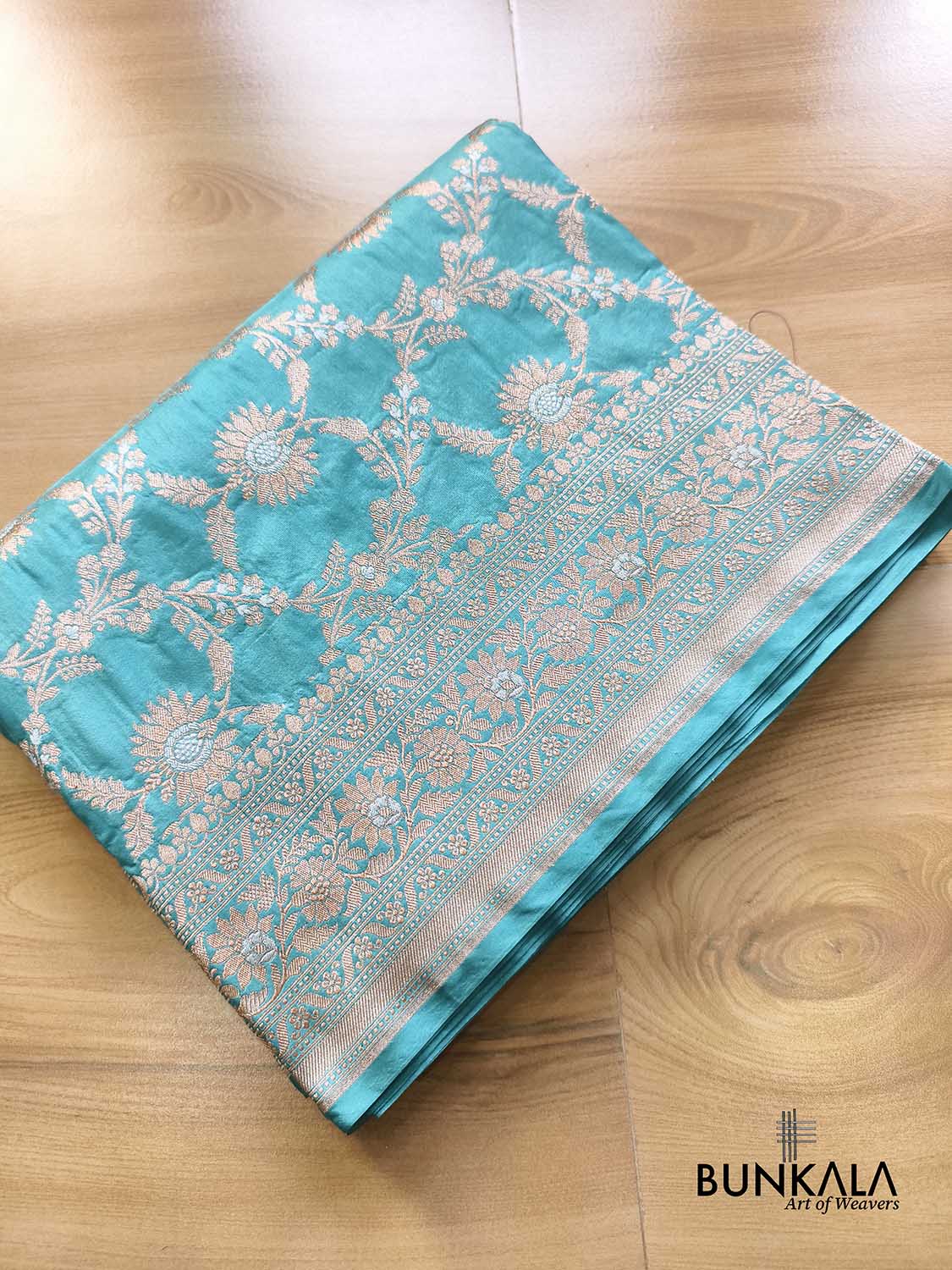Sea Blue Gold & Silver Floral Jaal Handloom Banarasi Pure Katan Silk Saree