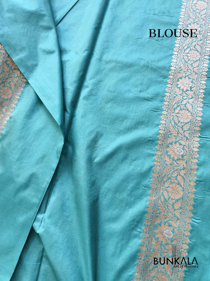 Sea Blue Gold & Silver Floral Jaal Handloom Banarasi Pure Katan Silk Saree