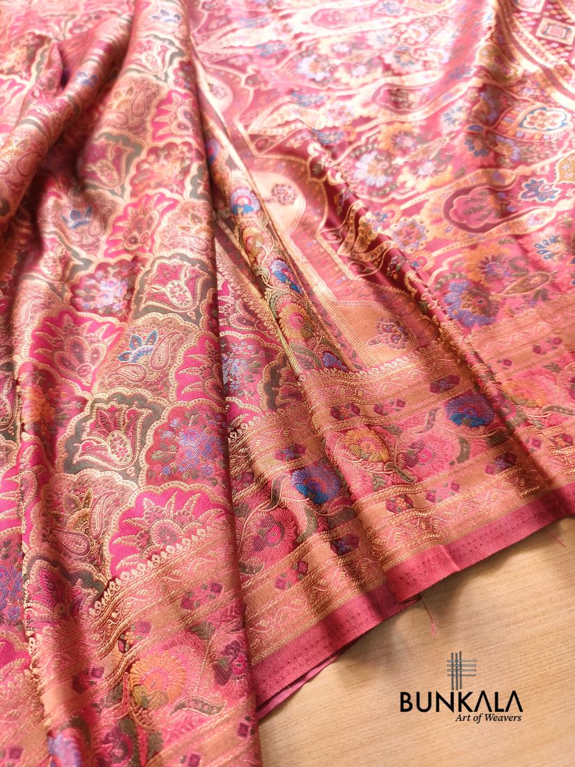 Peach Rangkat Jamewar Mughal Pattern Weaved Banarasi Mashru Silk Saree