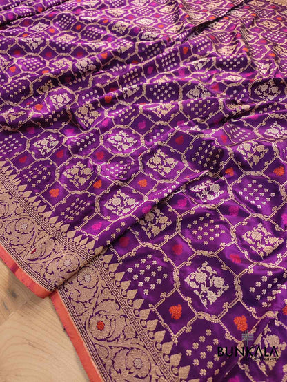 Purple Pure Katan Silk Handloom Kadwa Weaved Meenakari Banarasi Saree