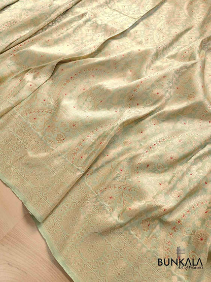 Pista Green Brocade Heritage Design Pure Katan Silk Handloom Meenakari Banarasi Saree