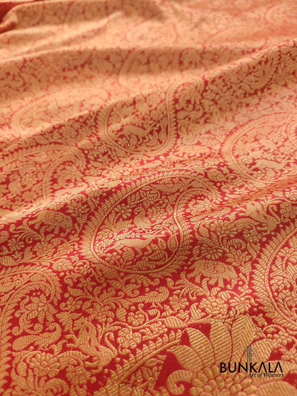 Red Real Zari Exclusive Bridal Wear Shikargha Design Handwoven Pure Katan Silk Banarasi Brocade Saree with Kalga Border