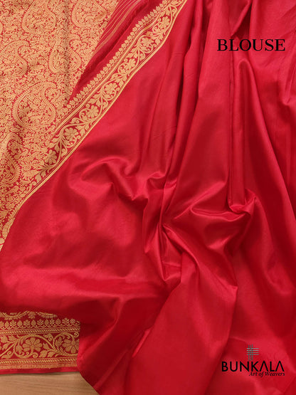 Red Real Zari Exclusive Bridal Wear Shikargha Design Handwoven Pure Katan Silk Banarasi Brocade Saree with Kalga Border