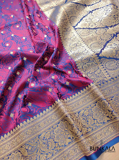 Blue and Purple Heritage Paisley Design Mashru Silk Jamewar Weaved Banarasi Saree