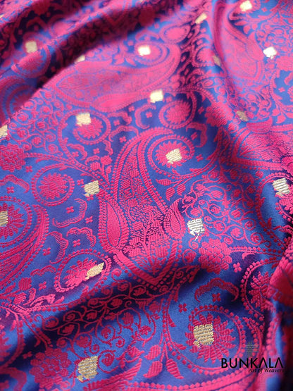 Blue and Purple Heritage Paisley Design Mashru Silk Jamewar Weaved Banarasi Saree