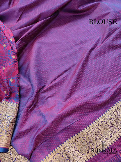 Blue and Purple Heritage Paisley Design Mashru Silk Jamewar Weaved Banarasi Saree