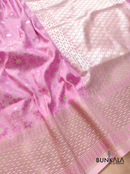 Baby Pink Floral Design Mashru Silk Jamewar Weaved Banarasi Saree