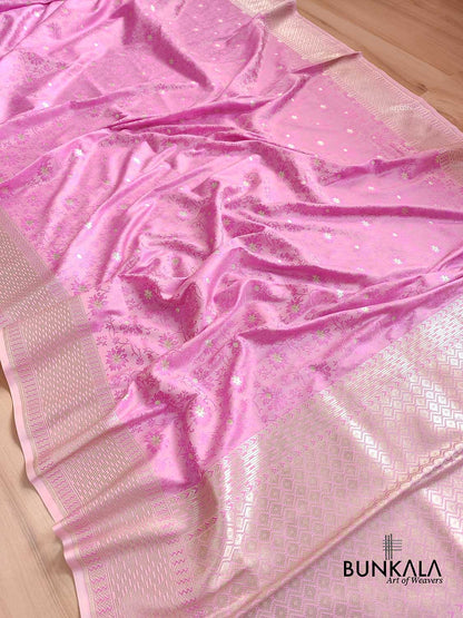 Baby Pink Floral Design Mashru Silk Jamewar Weaved Banarasi Saree