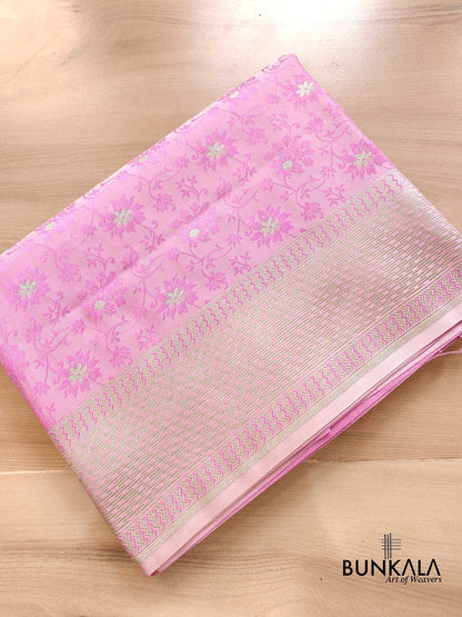 Baby Pink Floral Design Mashru Silk Jamewar Weaved Banarasi Saree