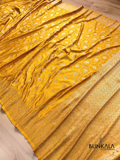 Mustard Yellow Soft Mashru Silk Unique Jaal Pattern Weaved Banarasi Saree