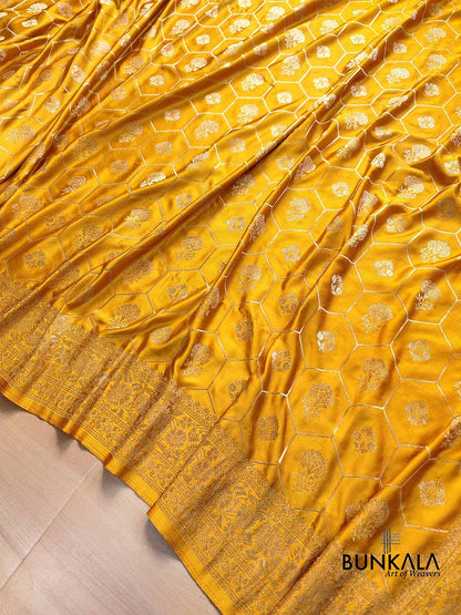 Mustard Yellow Soft Mashru Silk Unique Jaal Pattern Weaved Banarasi Saree