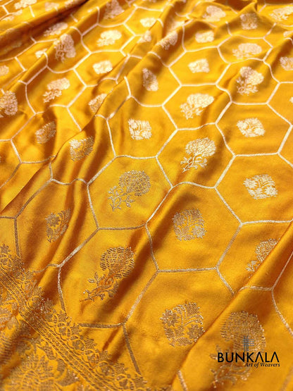 Mustard Yellow Soft Mashru Silk Unique Jaal Pattern Weaved Banarasi Saree