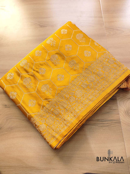 Mustard Yellow Soft Mashru Silk Unique Jaal Pattern Weaved Banarasi Saree